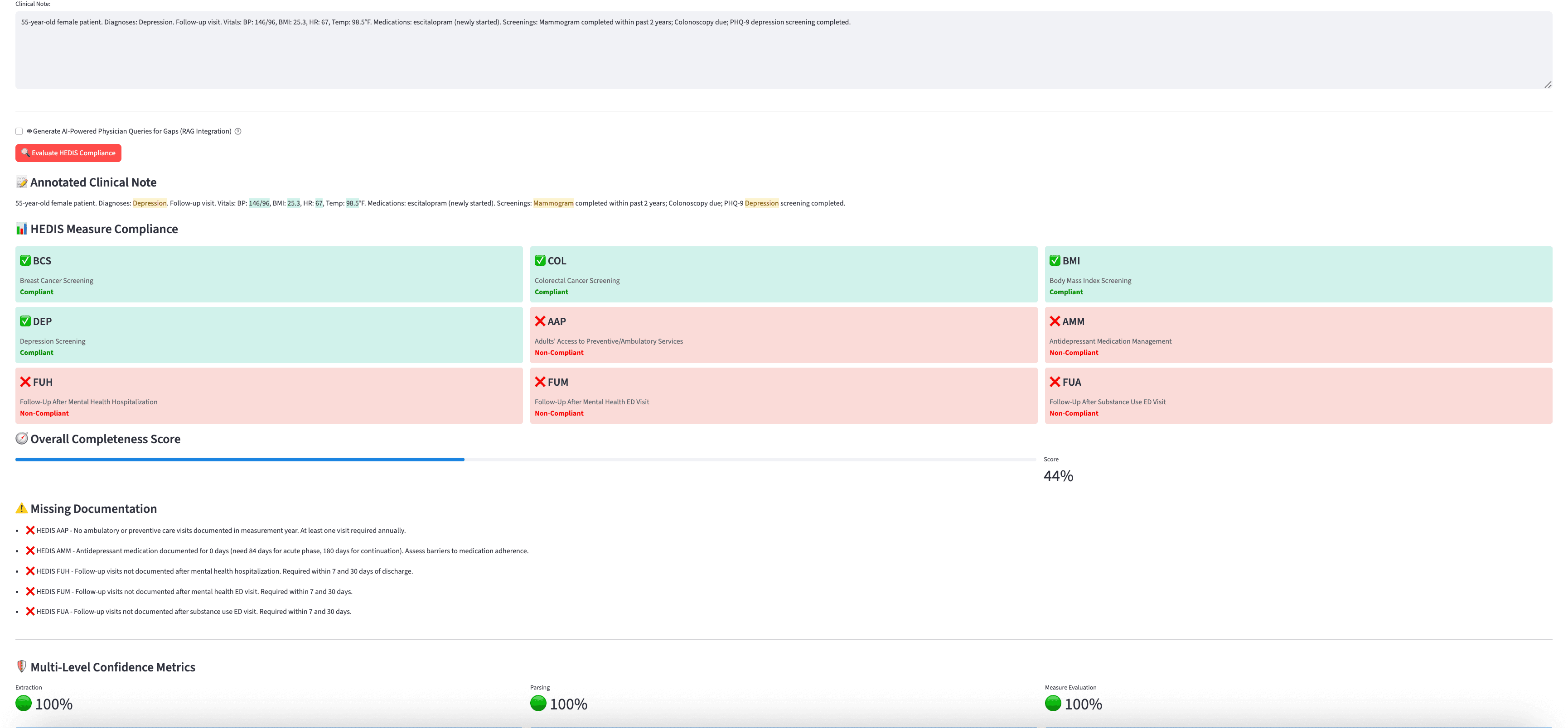 CDI Agent clinical documentation intelligence dashboard showing RAG-based physician query generation with HEDIS compliance and revenue optimization
