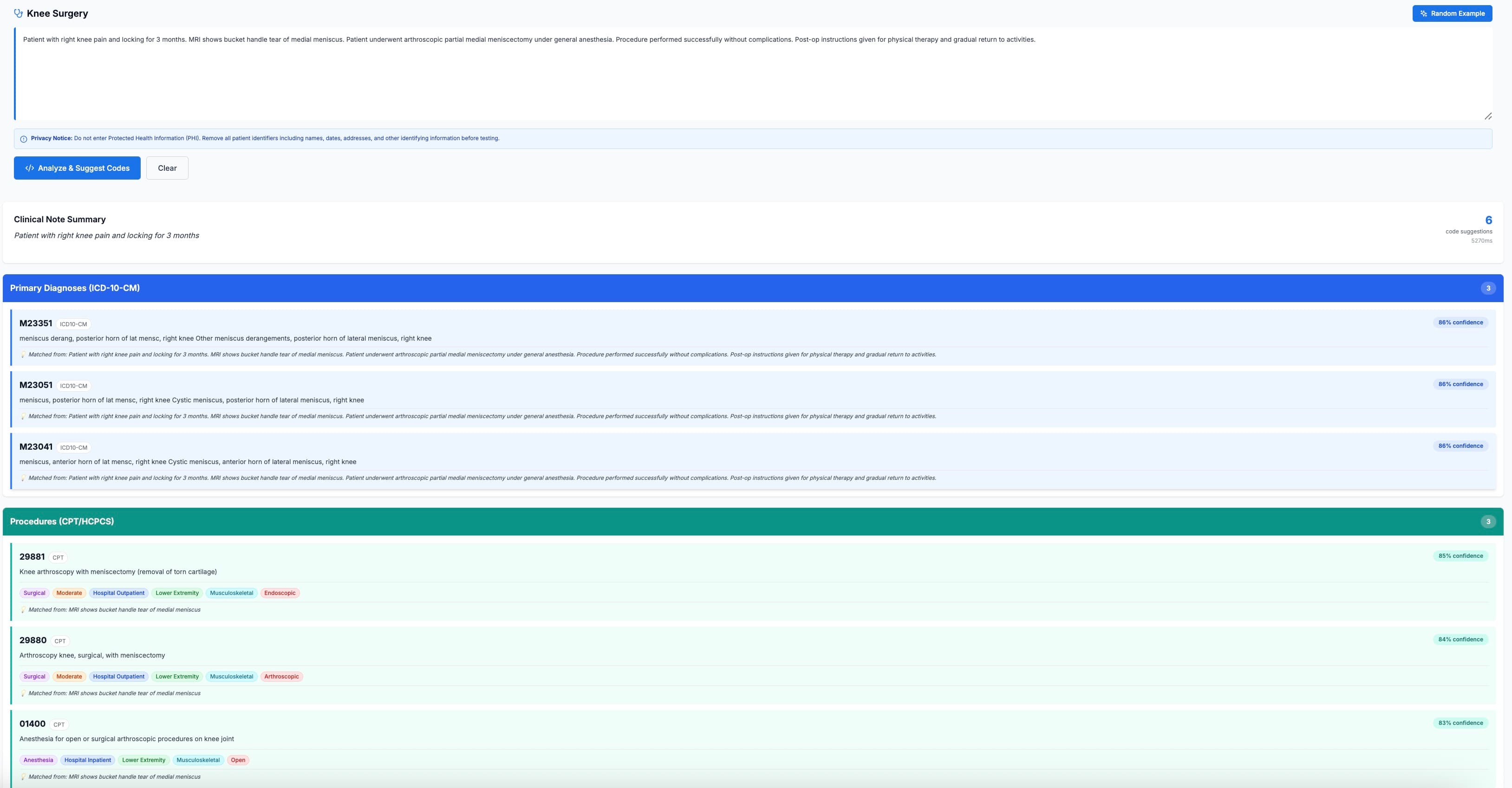 Medical Coding API dashboard showing ICD-10 and CPT code search interface with AI-powered suggestions